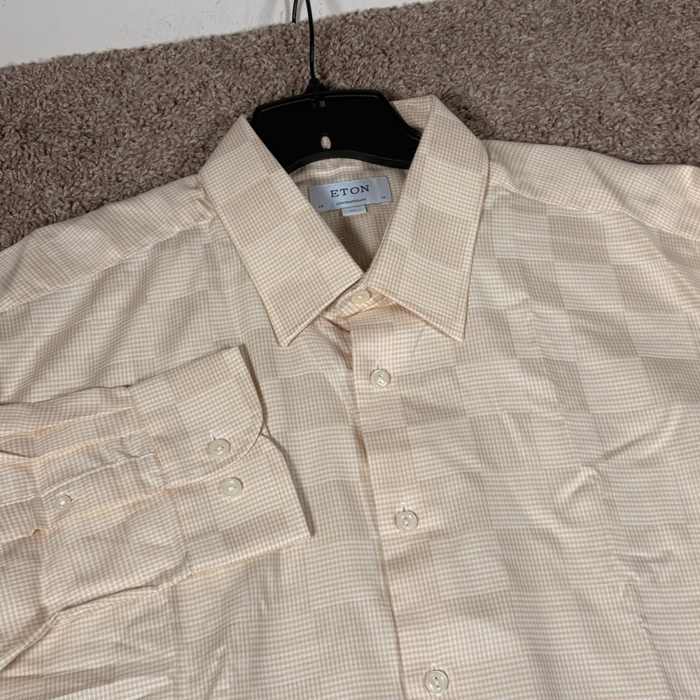 Eton Contemporary Mens 3XL Button Down Shirt Cream Tan Micro Check Cotton LS